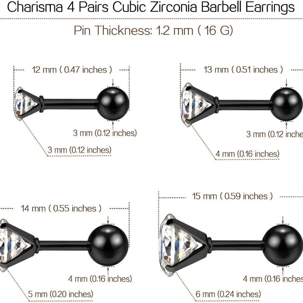 Stainless Steel Screw Back Barbell Earrings | 4 Pairs in Various Sizes and CZ - Picture 4 of 7